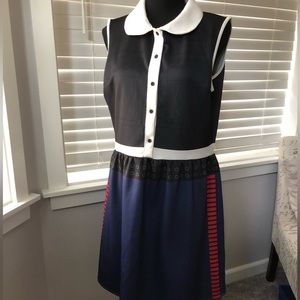 COPY - Sleeveless multicolor fun dress navy and white with red accents.
